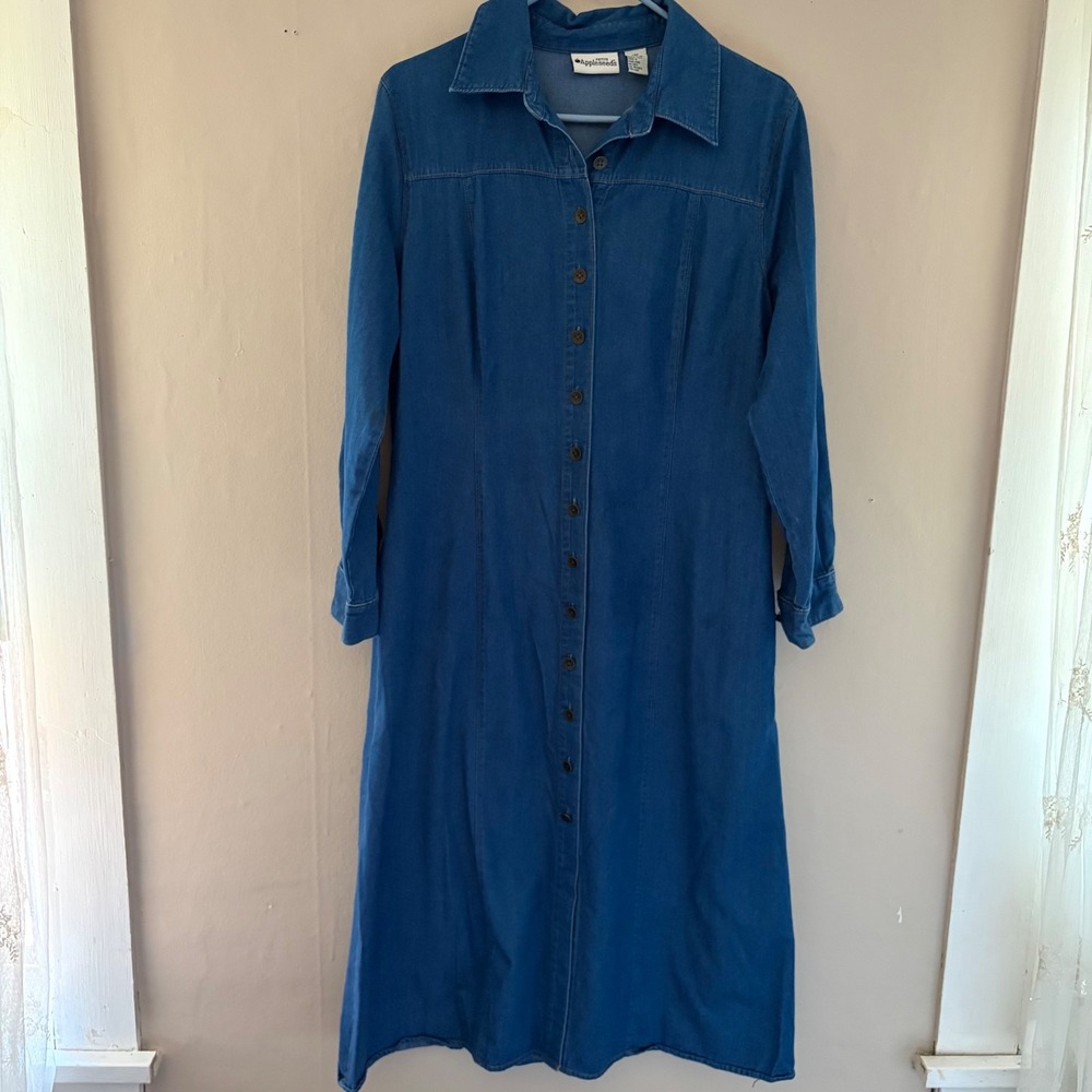 Vintage Denim Cottagecore Maxi Dress Size 14 Petite Blue Country Cowgirl Modest